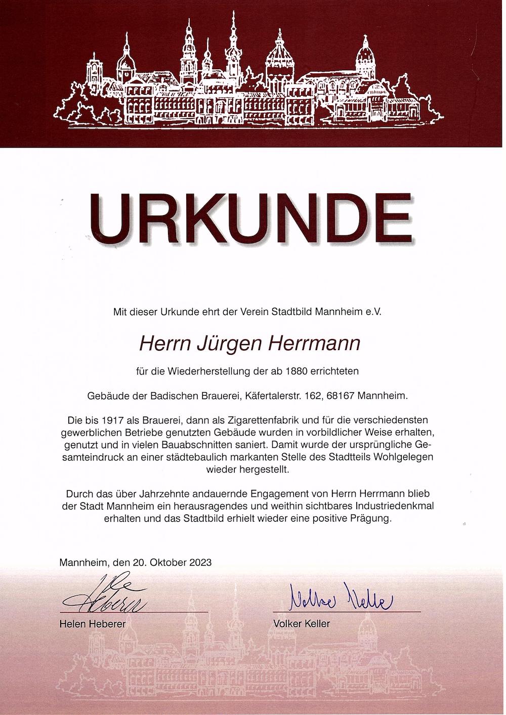 Urkunde 2023 Stadtbild Mannheim